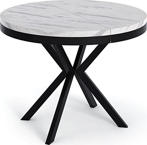 WFL GROUP Runder Ausziehbarer Esstisch in Weißer Marmoroptik - Loft Style Tisch mit Metallbeinen - 100 bis 180 cm - Industrieller Tisch für Wohnzimmer - Kompakt - 100 cm - Marmor Weiß