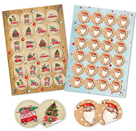 Logbuch-Verlag 2 x 24 Weihnachtssticker beige rot Weihnachtsmann + Weihnachtstruck Sticker rund selbstklebend Ø 4 cm