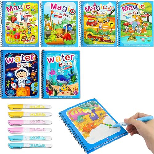 Wassermalbücher für Kinder 6 Stück Magisches Wassermalbuch Wasser Zeichnung Buch Water Magic Malbuch Magic Water Colouring Book mit 6 Wasserstift Malbuch Kinder ab 3 Wiederverwenderbar Tragbar