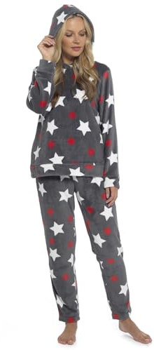 Pigiama da donna con cappuccio in pile con stampa a stelle, morbido e caldo PJ Twosie loungewear da notte termico regalo invernale, Carbone Stella, Large