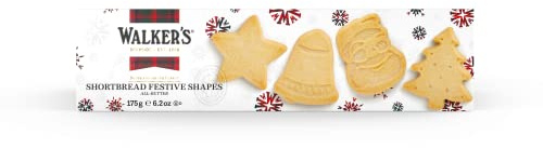 Walker's Assorted Shortbread in Festive Shapes 175g (Pack of 12) All Butter Taste with a Crunchy, Crumbly Texture - Includes Christmas Tree, Bell, Star and Santa Claus Shaped Christmas Cookies