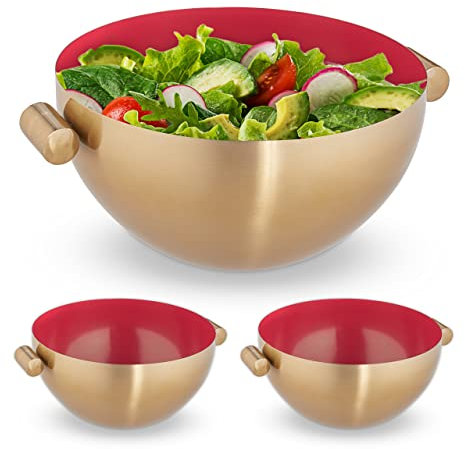 Relaxdays 3x Serving Bowls with Handles, Stainless Steel, Metal, for Salad & Snacks, Baking & Mixing, Ø 24.5cm, Gold/Red