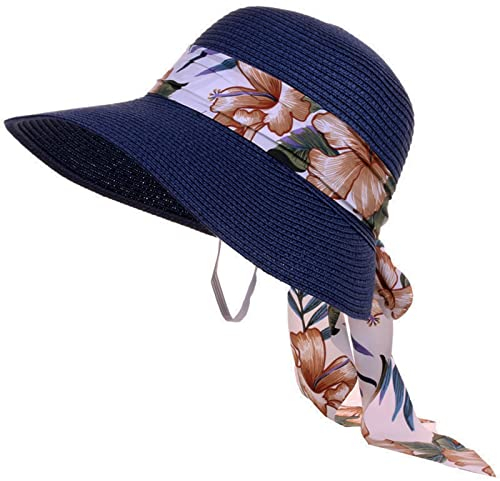 GizellMG Casquettes rétro Chapeau Paille Visières Femme Chapeau d'été Pliable Grande Bord avec Nœud pour Femme Fille Capline Vintage pour Plage 58CM Bleu