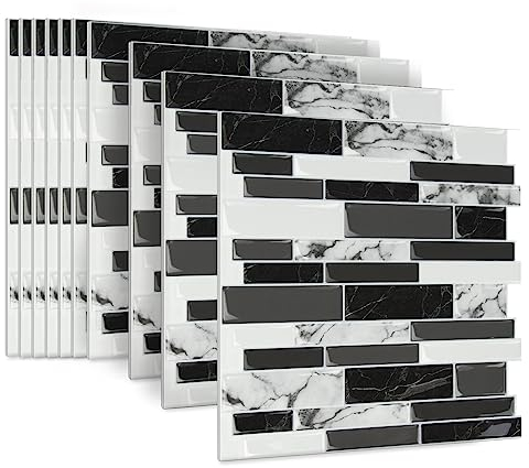 JOIEYOU Fliesenaufkleber, 10 Stück Klebefliesen aus PVC, Peel and Stick Tiles Wandfliesen Selbstklebend 30x30 cm für Küchen Bad - Schwarz Marmor