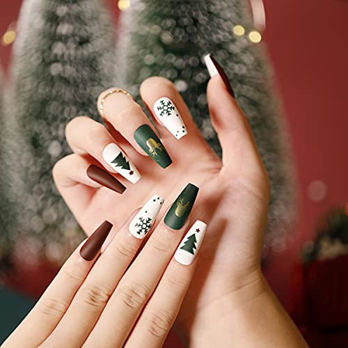 Albiuev 24PCS Christmas Long False Nails with Glue Stickers,Coffin Full Cover Acrylic Nails Press on Nails no Glue,Green Christmas Tree Fake Nails Stick on Nails for Women and Girls Nail Art.