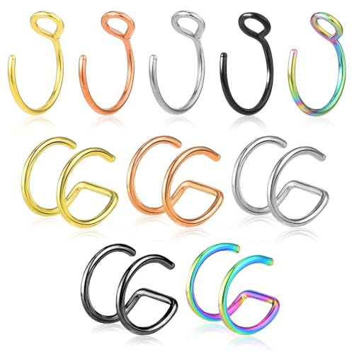 Lusofie 10 Pcs Nose Hoops Double Hoop Clip On Nose Ring Fake Lip Piercing For Women Men