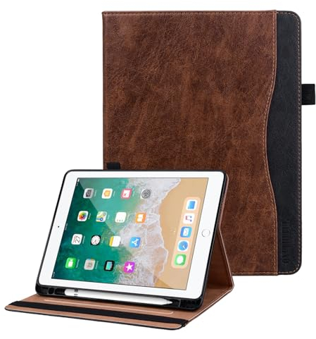 ONETHEFUL Hülle für iPad 9 8 7 Generation (10.2 Zoll, Model 2021/2020/2019),Premium Pu Leder Klappständer Schutzhülle mit Stifthalter und Dokumentschlitze,Auto Schlafen/Wachen Braun