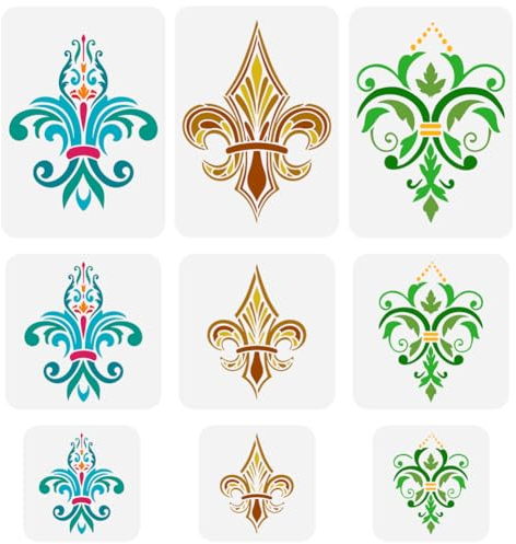 FINGERINSPIRE 9 stencil per pittura a forma di giglio, 3 stili Fleur De Lis, damascato, gigli, fiori, stencil riutilizzabili, damascato, decorazione per dipingere su parete in legno