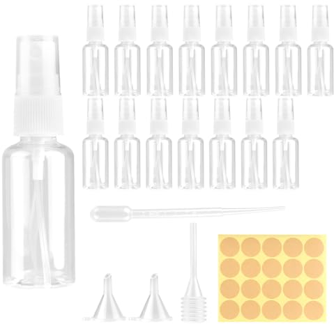 RVLZKCPG 16 Pcs Transparent Mini Spray Bottle, 50ml, Reusable Travel Spray Bottle, Portable Spray Bottles with Funnels, Label for Liquids