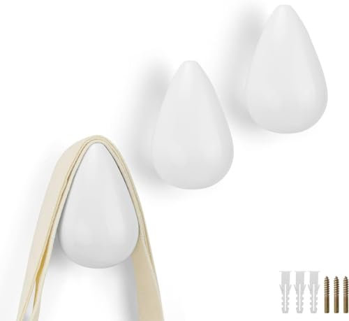 Norhogo 3 Stück Wandhaken Holz Rund, Kreative Wassertropfen Kleiderhaken Wand Montiert Aufhänger Modernes Dekor Wanddekoration, für Büro, Wohnzimmer und Schlafzimmer - Weiß