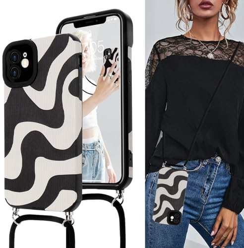 Lafunda Handykette kompatibel mit iPhone 11 Hülle, iPhone 11 Necklace Handyhülle mit Band - Wave Cute Zebra Stripes Muster Design Case mit Kette zum umhängen Schwarz