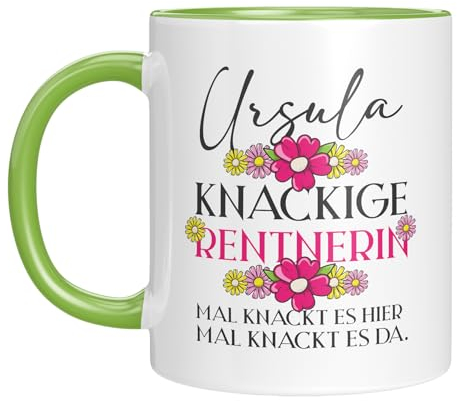 TassenTicker - Knackige Rentnerin - Kaffeebecher personalisiert mit Wunschnamen - Tasse mit Spruch - Blumen Motiv - tolle Geschenkidee - Renteneintritt - Damen/Frauen (Grün)