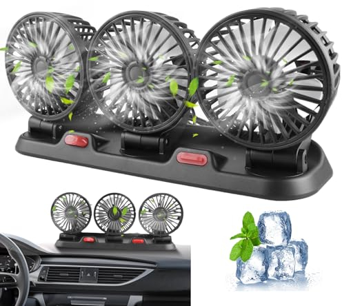SPORWAY Ventilateur de voiture à trois têtes : ventilateur de voiture, ventilateur de table, rotation à 360 °, petit ventilateur peu bruyant, climatisation mini ventilateur pour voiture, famille,