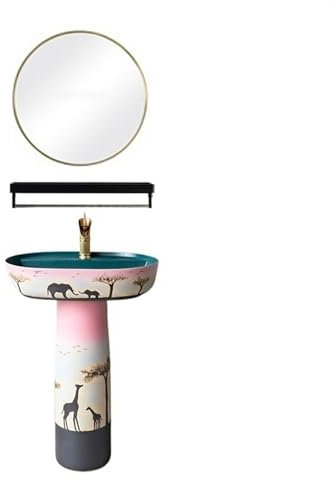 Lavabo à colonne Lavabo sur pied coloré de luxe léger, lavabo de salle de bain sur pied en céramique rétro, lavabo à colonne en deux pièces avec trou de robinet unique Lavabo sur pied colonne(C)