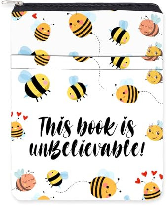 NICENEEDED Buchhülle Mit Reißverschluss Bienen Buchhüllen Buchtasche Waschbarer Stoffbezug Vordertasche Buchschutz Wasserdichtes Buchcover Etui