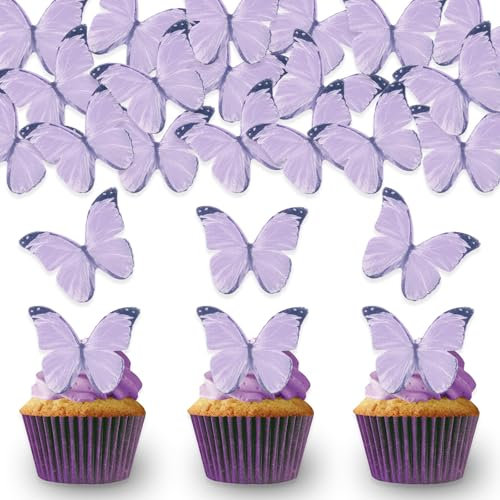 DazzJoy 60 Stück Essbare Schmetterlinge Tortendeko - Lila Esspapier für Hochzeit, Geburtstag, Muffin Deko