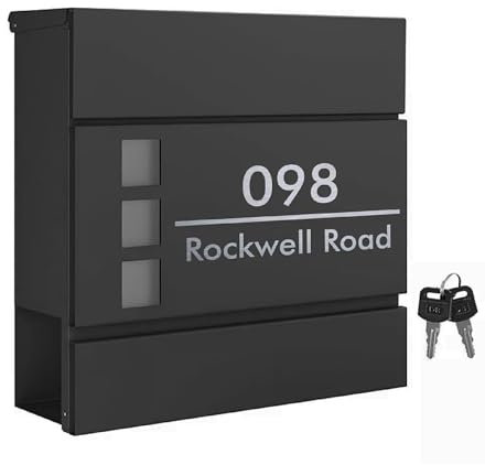 KreateSquare Home Personalised Letter Box, Removable Wall Mounted Mailbox with Keyhole, House Number Plaque for Front Door,Post Box with Newspaper Holder, Waterproof Design Postbox Black (Design 1)