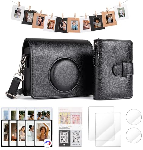 HIYQIN Funda de Cuero y Accesorios Mini EVO, Paquete para Fujifilm Instax Mini EVO, Protector de Pantalla, Álbum de Fotos, Marcos Magnéticos, Marcos Colgantes y Pegatinas - Negro