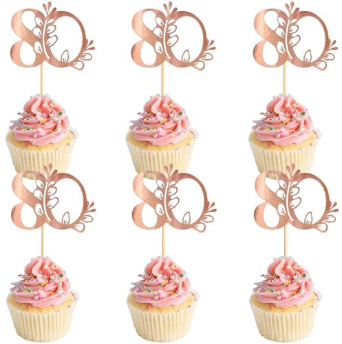 Blumomon 24Pcs 80th Happy Birthday Cupcake Toppers Happy 80 Cupcake Topper Cheers to 80 Cake Decoration 80th Birthday Party Decoration 80th Anniversary Cake Decoration（Rose Gold）