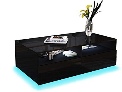 Chebinsiti Coffee Table for Living Room, Black Gloss Coffee Table with LED Lights 4 Drawers and 2 Open Shelves Rectangle Centre Tea Table with Storage for Home Office Furniture