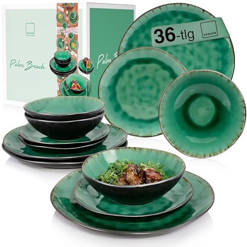 SÄNGER | Teller Set Palm Beach 36 tlg, Geschirrset 8 Personen, Geschirr Steingut, Dinner Set inkl. Speiseteller Dessertteller & Tiefe Teller, Essservice Grün Schwarz mit Braunem Farbverlauf