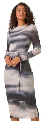 Dusk Pleated Plisse Stretch Mesh Midi Dress for Women UK - Ladies Autumn Everyday Winter Holiday Round Neckline Comfy Long Sleeve Soft Bodycon Frock Dinner Date Gowns - Black White - Size 18
