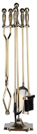 SnamicE Messing-Kaminwerkzeug-Sets, robust, 5-teilig, Kaminständer, Halter, Holzofen, Holzzange, Schaufel, Bürste, Schürhaken, Holzbrenner-Zubehör