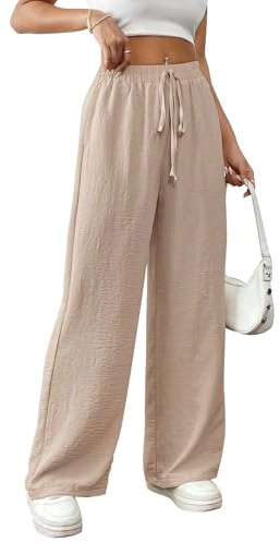 Risipu Women Linen Trousers Summer Wide Leg Trousers High Waisted Breathable Palazzo Casual Cotton Pants with Side Pocket (S, Khaki)