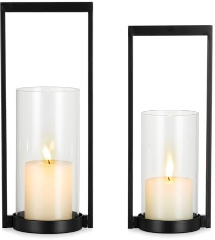 Sziqiqi Hurricane Kerzenhalter für Säule: schwarzer moderner Kerzenhalter für den Tisch, geometrischer Kerzenständer, 2er-Set mit Glas für Wohnzimmer, Kamin, Weihnachtsdekoration