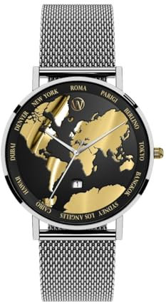 Woodstock Zambon® Regal Journey Armbanduhr, wasserdicht, 40 mm, Edelstahl 316, Zifferblatt mit Karte, Quarzuhrwerk, elegant und vielseitig, für Reiseliebhaber, silber / schwarz, Minimalistisch
