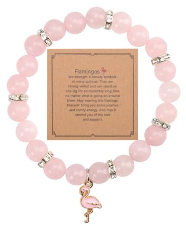 Mikovivi Bracelet flamant rose, bracelets de perles en pierre avec pendentifs flamants roses, bijoux tendance, bracelet en pierres précieuses, cadeau pour femme