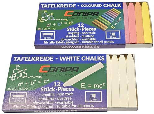 Conipa® - 24 Stück Tafelkreide Set (12 x Weiß + 12 x Bunt) 12 x 90 mm abwaschbar & staubfrei mit Box - Tafel Kreide Lehrer für Schule & Gastronomie - Wandtafelkreide & Schulkreide (dünn)