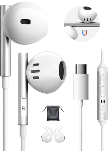 Auriculares USB C para Samsung S24 S23 S22 Ultra S25 S21 A54 A53 A33 5G iPhone 15 16 Pro MAX Magnéticos Auriculares Tipo C Hi-Fi Estéreo In-Ear Cascos con Cable y Microfono Pixel 8 7 Xiaomi