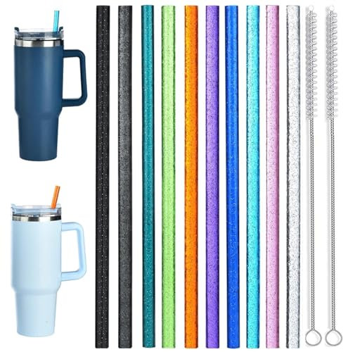 10 Pack Glitter Straws, 12 Inch Long Reusable Plastic Clear Straws with 2 Straw Cleaning Brush, Reusable Multicolour Straws for Cup Accessories Half Gallon Jug
