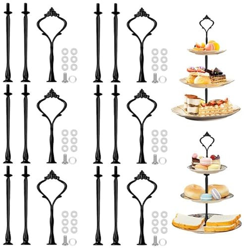 WANDGU Set di 6 aste per alzate, 3 ripiani, in metallo, per vassoio di frutta, piatto da spuntino, macaron, ciambella, muffin (nero)