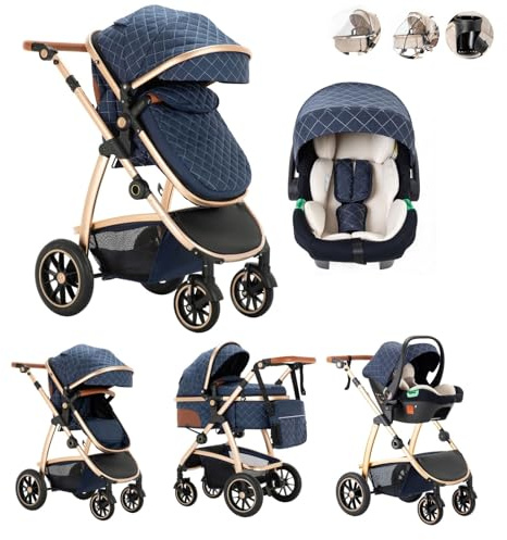 Kakbgee 3-in-1 Buggy Kinderwagen, Klappbar Reisebuggy mit ECE R129 Babyschale, Kinderwagen mit Höhenverstellbarem Griff, Kinderbuggy mit Aluminium-Rahmen, Stroller Baby mit Regenverdeck, für 0-4 Jahr