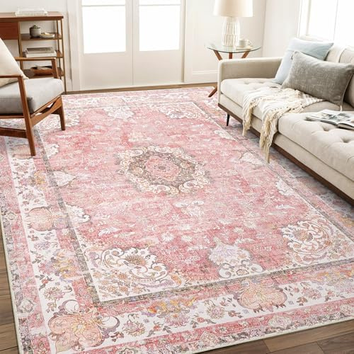 Castage Teppich, waschbar, für Wohnzimmer, Schlafzimmer, Boho, Blumenmuster, 12,7 x 17,8 cm, Rosa