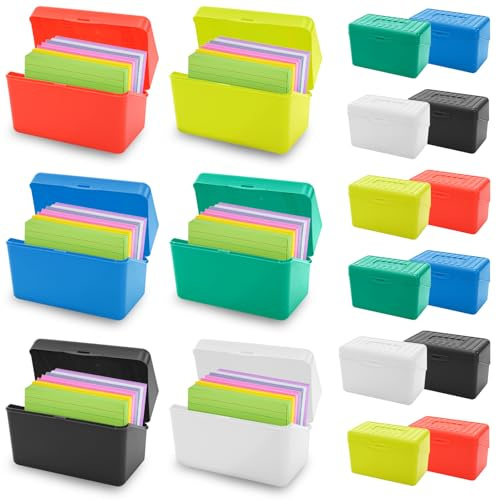 ELFULLY 12 Pack 3x5 Index Card Boxes, Plastic Card Holders, Business Cards Organizers, Recipe Box, Notecard Organizer, Flash Cards Holder Box for Study Office Kitchen, 6 Bright Colors