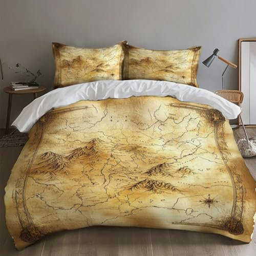 SKOEUI Bettwäsche 135x200 cm 3Teilig Vintage Topografische Karte Bettwäsche-Sets Bügelfrei Microfaser Bettbezug mit Reißverschluss Allergiker Bettdeckenbezug mit 2 mal Kissenbezug 80x80 cm Beige