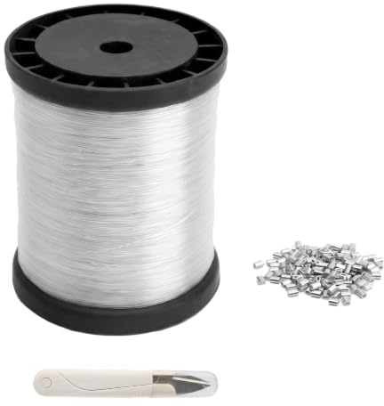 APOMOONS Clear Fishing Wire Set - 200M Invisible Monofilament Line with 120 Crimp Sleeves & Scissors - Strong Nylon Wire for Hanging Crafts, DIY Decorations, Jewelry Beading