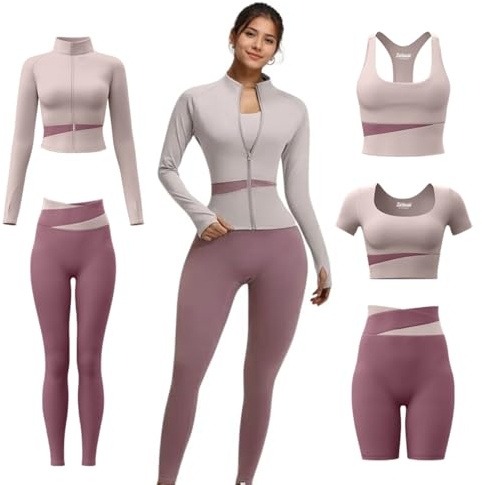 ZiaWorld 5pcs Women Yoga Wear Workout Set with Zipper Long Sleeve Jacket Fitness Yoga Leggings Sports Bra Short Sleeves Top for Running Fitness Seamless Tracksuit