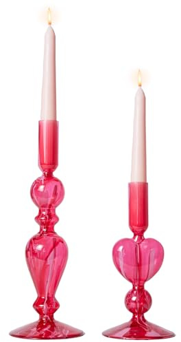 DN DECONATION Herz-Kerzenhalter aus Glas - 2er Set in Rosarot, Romantische Kerzenständer für Valentinstag & Hochzeit, Elegante Tischdeko als Besonderes Geschenk für Stabkerzen