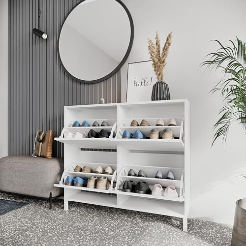 KOMTO Schuhschrank Schmal Weiß - Schuhregal Geschlossen mit 4 Klappen | Schuhkipper Trek 108 x 25 x 96 cm (BxTxH)