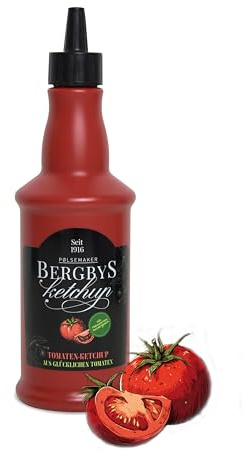 BERGBY’S Tomaten Ketchup Flasche – 510 g – Tomatenketchup – intensiv fruchtige Tomatensauce zu Pommes, Schnitzel, Grillfleisch, Nudeln, Hamburger oder in Tomatensuppe – aus Norwegen