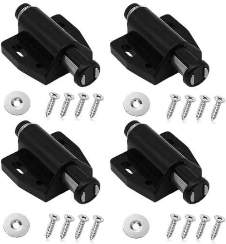 4 Pack Magnetic Push to Open Door Catches - Heavy Duty Black Touch Release Latches for Cabinet, Cupboard, Kitchen & Bathroom Doors with Fixing Screws, Magnetic Catches for Furniture & Wardrobe