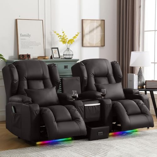 SITURAY Elektrisch Verstellbar Relaxsessel mit Liegefunktion | Fernsehsessel TV Sessel mit Massage und Wärme, Modern Kinosessels mit LED/USB, bis 150 kg, Kunstleder Braun, mit Konsole
