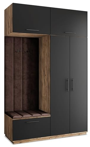 Masseno Flugarderoben Set Rema, Kleiderschrank-Set mit Sitzbank, Garderobenschrank Flur mit 5 Regalböden, Eiche Lefkas/Schwarz