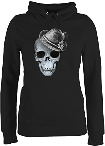 Pullover Damen Hoodie Frauen - Kompatibel Oktoberfest - Totenkopf mit Filzhut - M - Schwarz - Bayerisches Tiroler Hut Hoody bayerische trachtenhut Oberteil October fest Pulli Oktoberfest- Hoodies