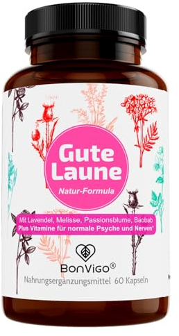 BonVigo GUTE LAUNE - Normale Funktion Nervensystem & Psyche unterstützen Vit. B7 B12, Gehirn-Botenstoffe Vit. B5 - Natur-Komplex Passionsblume Lavendel Melisse Cordyceps - L-Tryptophan, 60 Kapseln