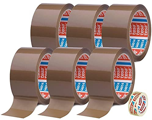 TESA 6 Rollen Klebeband Braun 64014 - Paketband 50mm x 66m - Paketklebeband leise abrollend + Gratis Tesafilm [15mm x 10m]